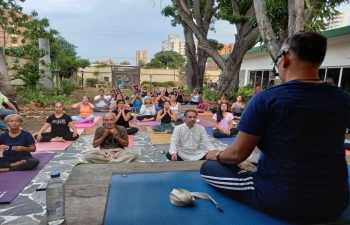  From Caracas to Maracaibo, Yoga classes being conducted by the Embassy.  Amb. Abhishek Singh addressed Yoga practitioners about the initiatives related to Yoga by the Embassy. TIC Alok Bharti conducted the traditional yoga session